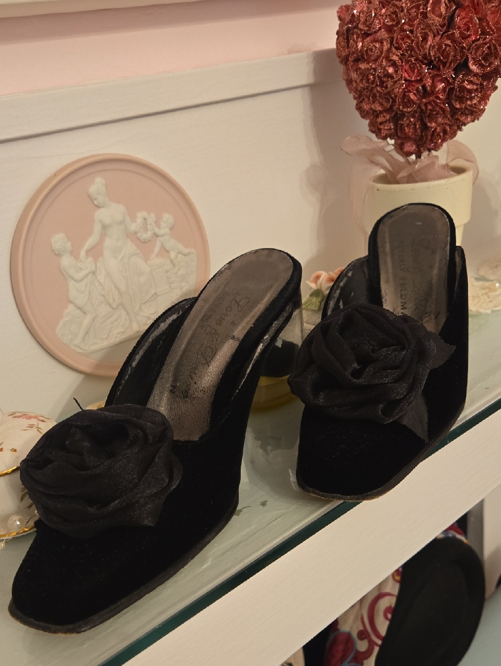 Beverly Feldman Black Velvet Slide Mules with Rosette